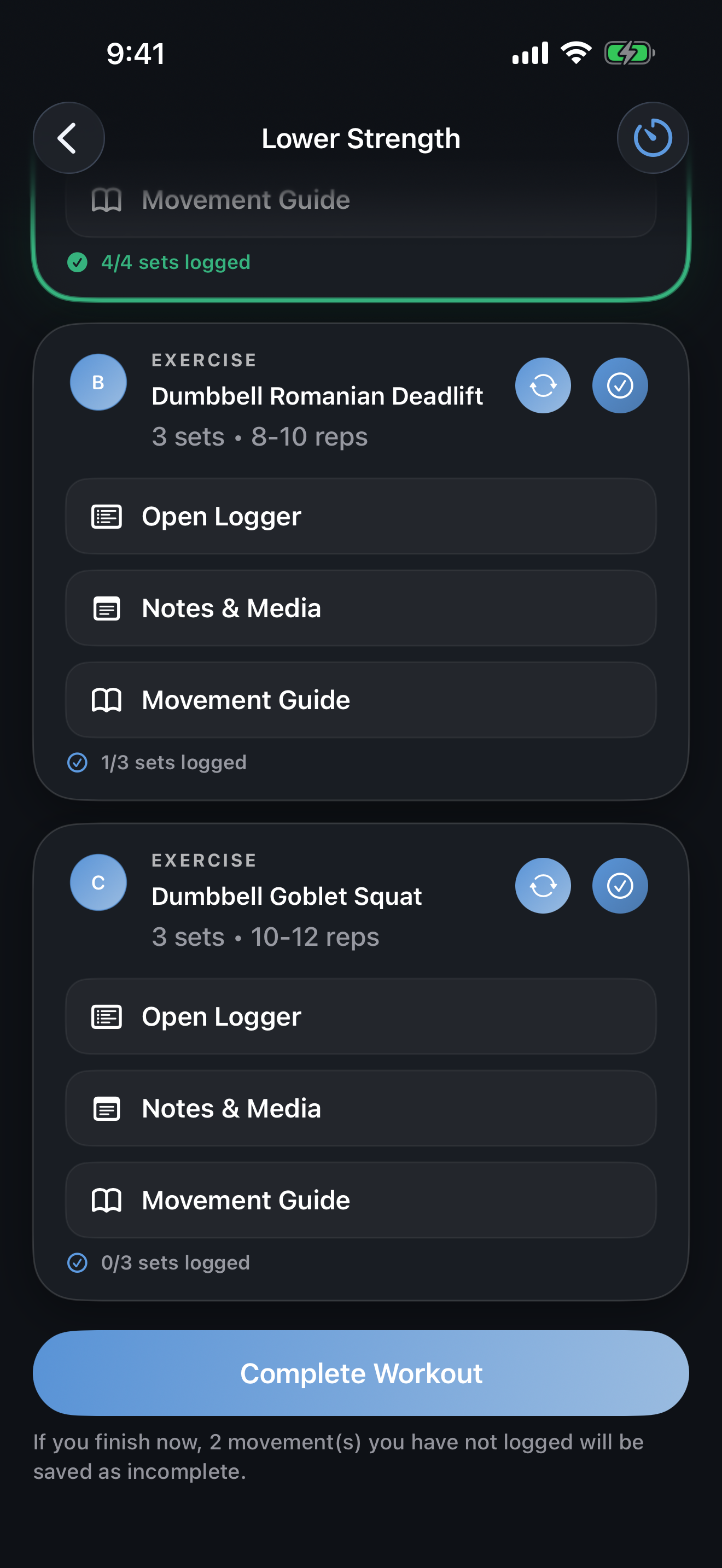 A workout in progress in IronGenie