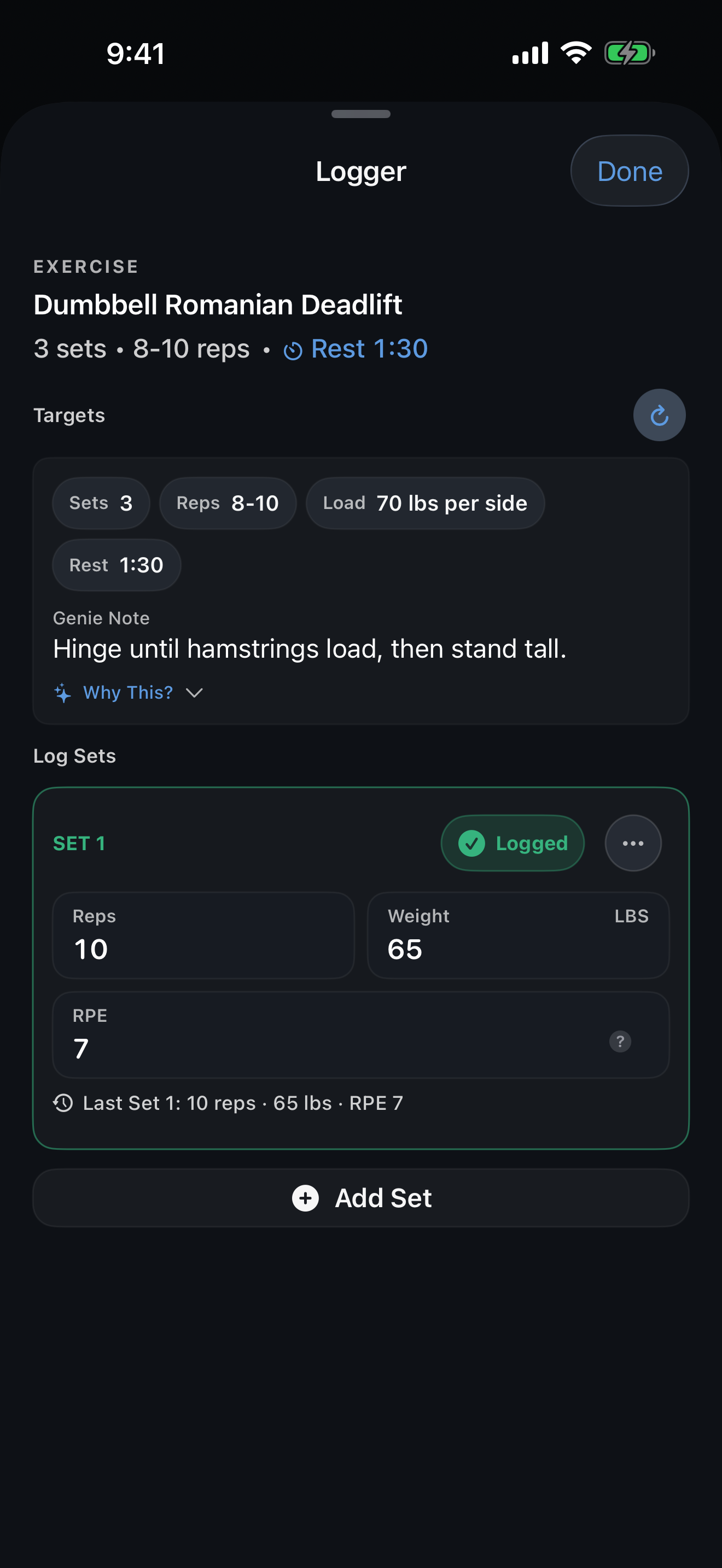 Logging a set with Genie guidance in IronGenie