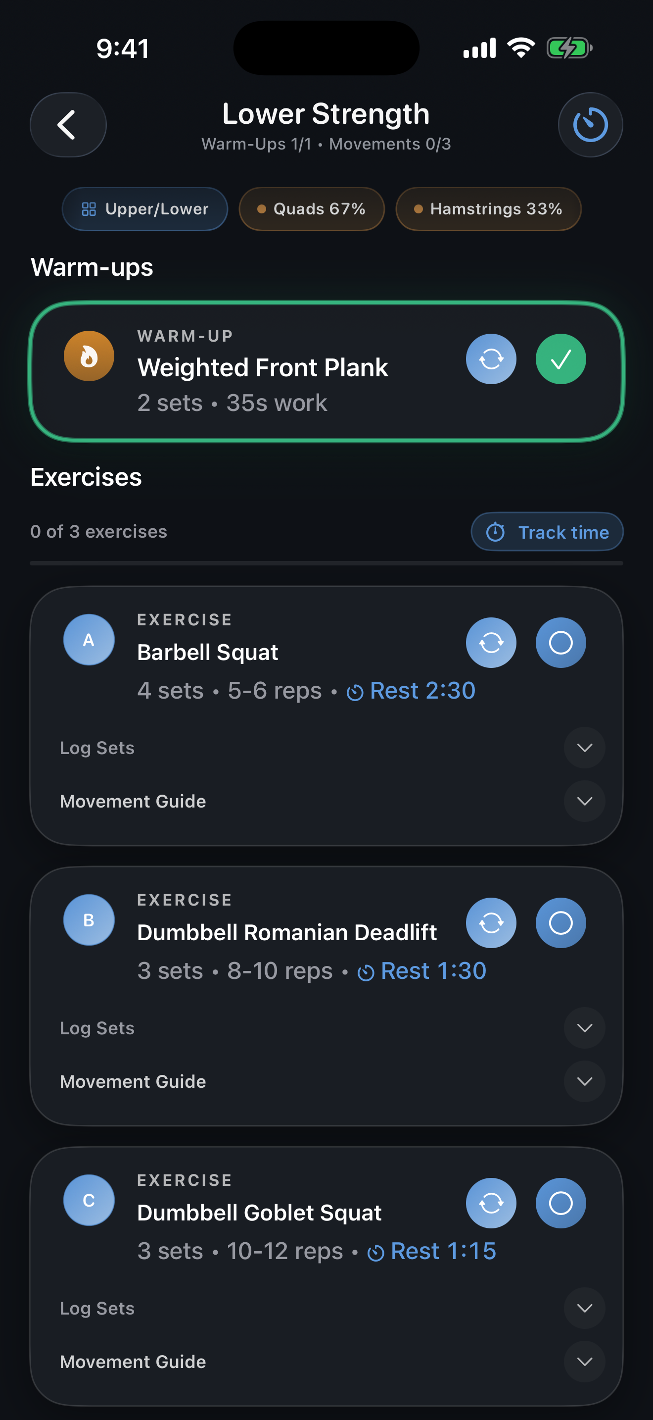 A workout's exercises in IronGenie