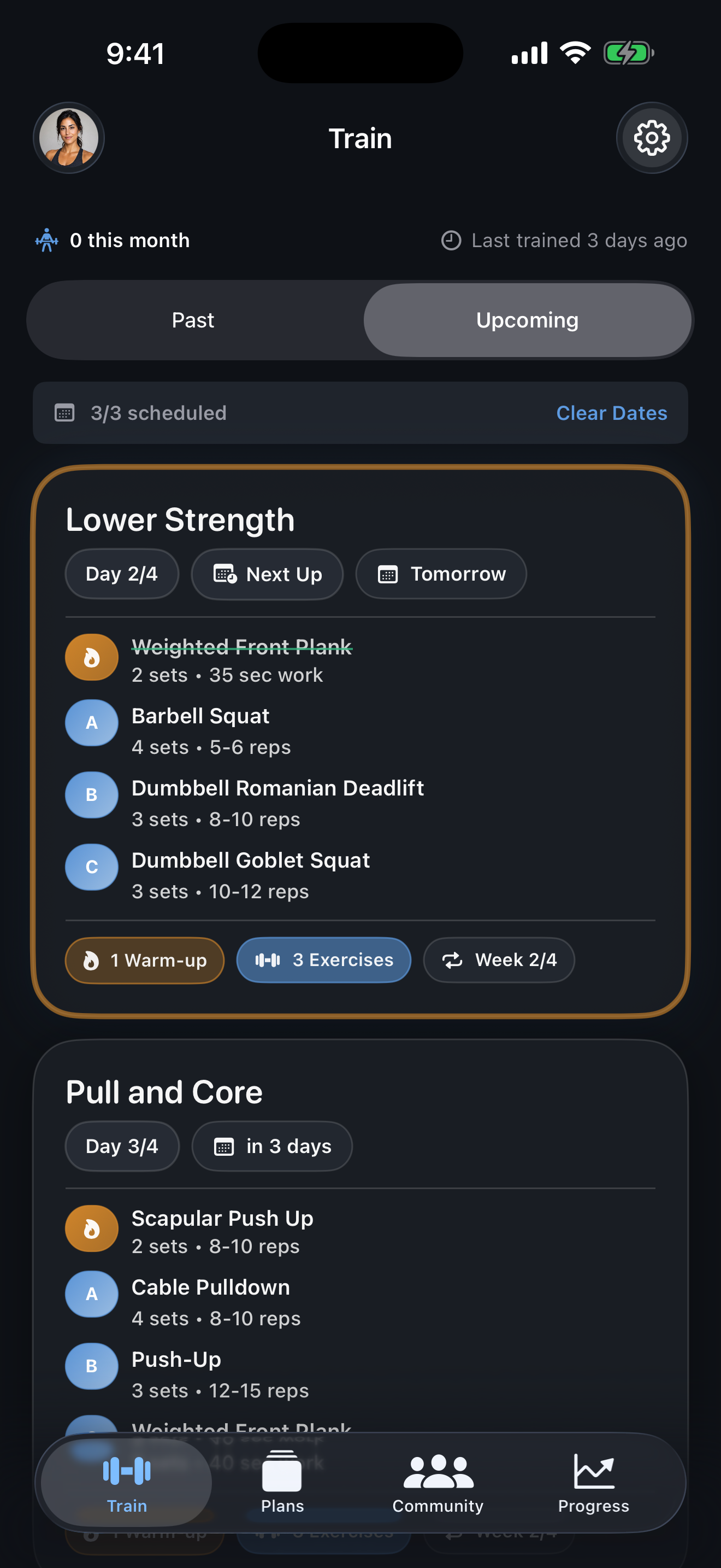 Upcoming workouts in IronGenie